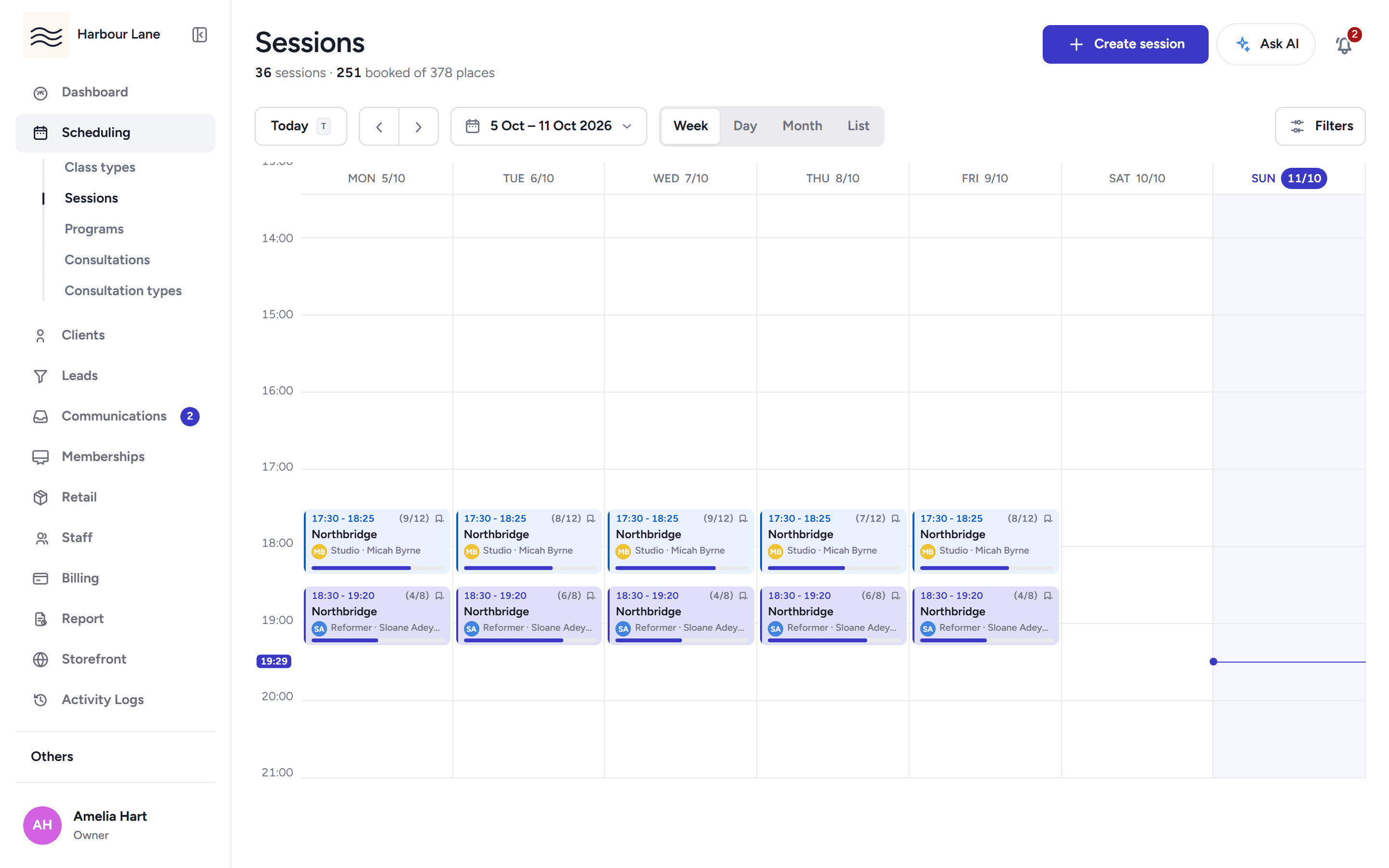 Week view of Harbour Lane classes, with times, coaches, rooms and how many places are booked.